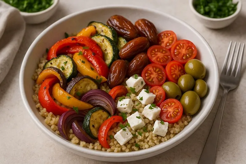 Mediterrane Quinoa-Bowl mit geröstetem Gemüse und Datteln