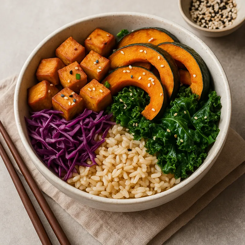 Herbstliche Vegane Asia-Bowl mit Kürbis und Tofu